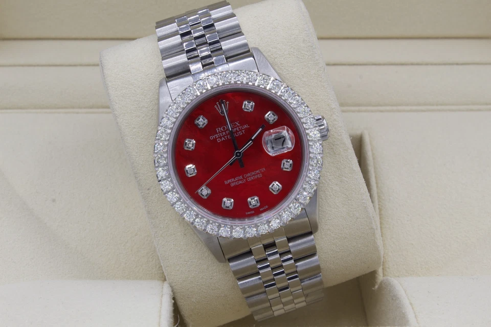 Rolex Datejust 36 mm personalizado 3 quilates VS bisel de diamante y esfera roja sin circular S/S ajuste rápido