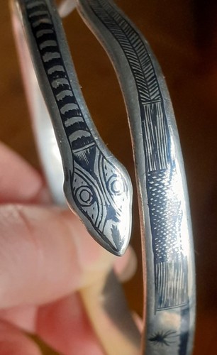 PULSERA SERPIENTE PLATA Niello Trabajo Antiguo Ajustable Años 20 Aleta Joyería 33g - Imagen 18 de 21