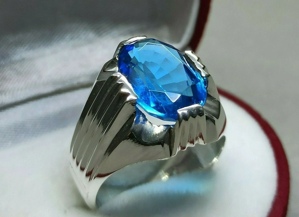 6 Carat Oval Cut Blue Topaz Mens Ring Sterling Silver 925 Handmade Topaz Ring