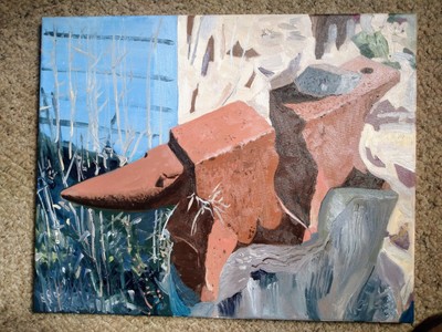 Blacksmiths nightmare ''two broken anvils'' oil painting on canvas 16x20 Signed