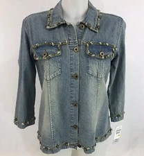 Multiples Denim Shirt Small Embellished Seashells Buttons 3/4 Sleeves