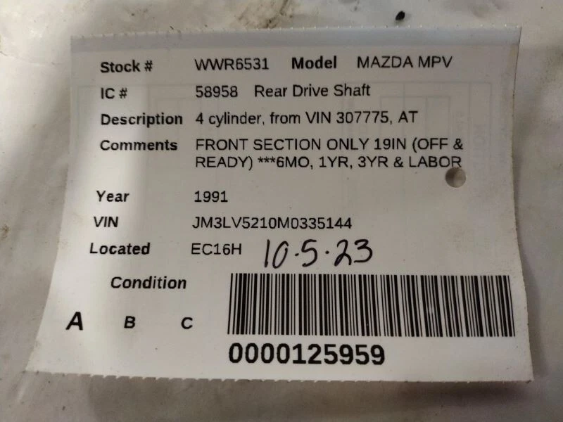 Rear Drive Shaft 4 Cylinder From VIN 307775 Fits 91 MAZDA MPV 575083 - Image 4 of 4