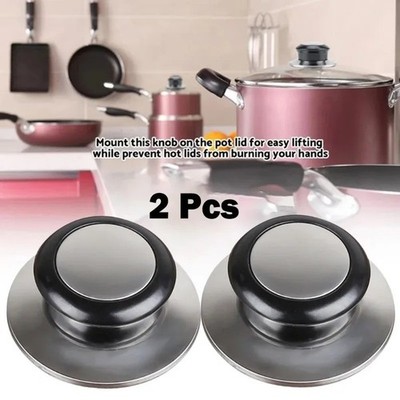 2Pcs Universal Cookware Lid Knob Handle Replacement Stainless Steel Black Grip