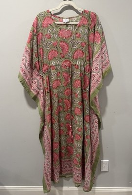 Pax Philomena OS Francis Floral Kaftan Maxi Dress Cotton Voile Boho Block Print