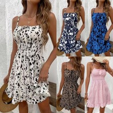 Women Lace-up Summer Boho Floral Backless Beach Mini Swing Holiday Strappy Dress
