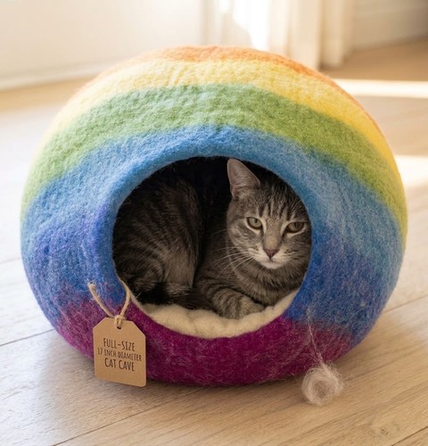 Felted Wool Cat Cave Bed Large 17" Rainbow Handmade Kitty House Cocoon Hideaway