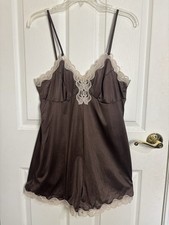 Vtg 70s 80s Chocolate Brown Lace Trim Teddy Romper Lingerie 38 Nylon USA