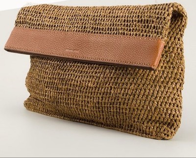 Michael Kors Brown Raffia and Leather Santorini Fold Over Clutch