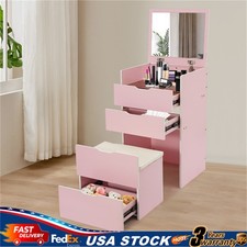 Pink Makeup Vanity Desk Set with Mirror  Stool  3 Drawer, 3-in-1 Bedside Table