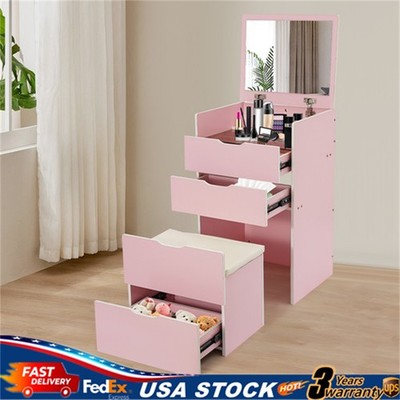 Pink Makeup Vanity Desk Set with Mirror & Stool & 3 Drawer, 3-in-1 Bedside Table
