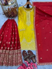 Opulent Chinon Silk Yellow  Red Sequence Work Designer Plazzo Suit With Dupatta