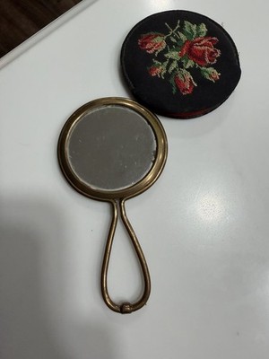 Vintage Hand Pocket Mirror  flower Art Vanity Bag Accsessory  Mirror