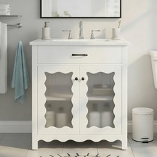30"Bathroom Vanity with Tempered Glass, Modern Bathroom Cabinet with Rubber