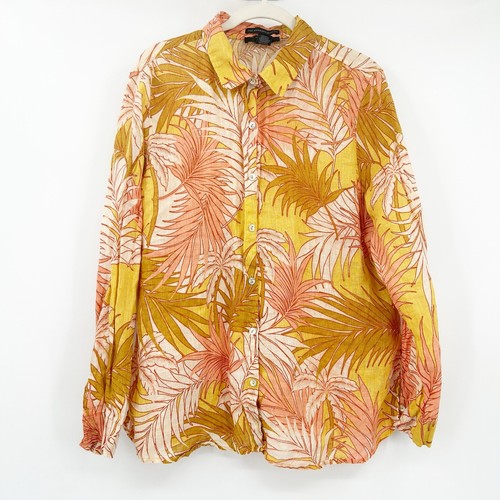 Tahari Damen Beachy Boho Tropical Palm Leaf Print 100% Leinen Knopfleiste Shirt XL - Bild 1 von 5