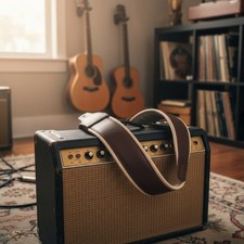 3" Leather Guitar Strap, Brown with Cream Piping for Comfort