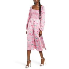 NWT WAYF Womens Size Medium Pink Floral Satin Long Sleeve Smocked Midi Dress NEW
