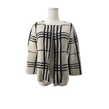 Chico’s Cardigan Sz 1 Ivory Black Fuzzy Plaid 3/4 Sleeve Open Front Crop Womens