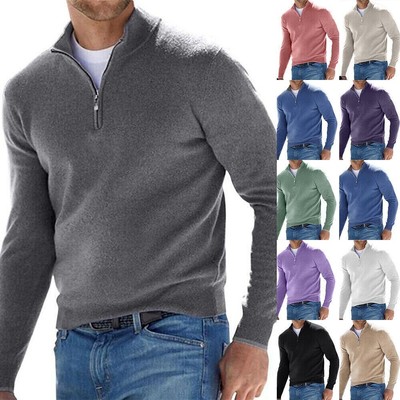Herren Warm Pullover Sweater Strickpullover Pulli Stehkragen Zip Langarmshirt FG