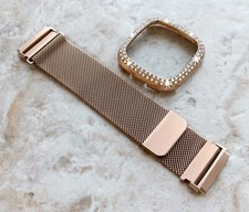 Rose Gold Milanese Band and Crystal Case Cover for Fitbit Versa 2 3 4 Sense 1 2