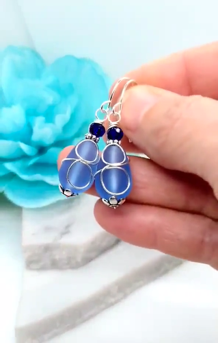 Ladies Dangle Earrings, Dainty Teardrop Earrings, Blue Jewelry, Seaglass Earring - Video 1 of 1