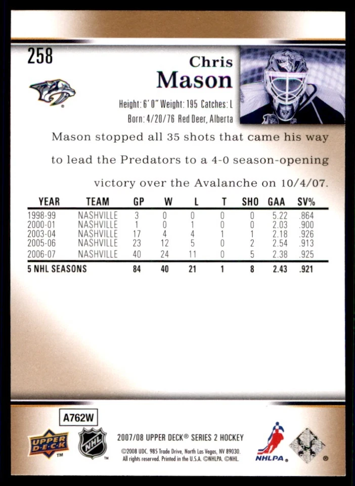 2007-08 Upper Deck Chris Mason Nashville Predators #258 - Image 2 of 2
