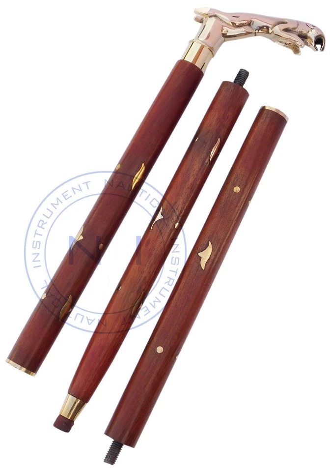 Bastón de madera marrón mango de cabeza de jaguar de latón de diseñador hecho a mano regalo Foto 4 de 4