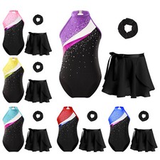 Kids Girls Figure Skating School Show Gymnastics Round Neckline Dance Outfits
