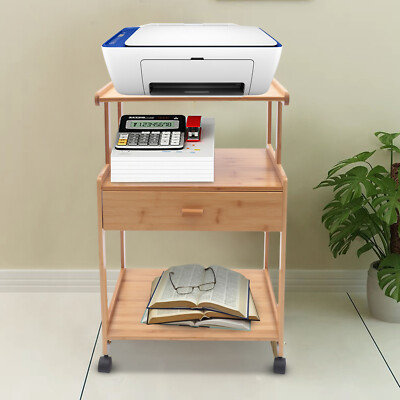 Space-Saving Printer Storage Rack Bamboo Rolling Cart Portable Printer Stand~
