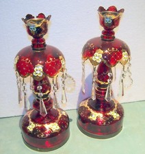 VENETIAN  VINTAGE LARGE PR LUSTER/LAMP CRANBERRY COLOR  FLOWER DESIGN,PRISM H=18