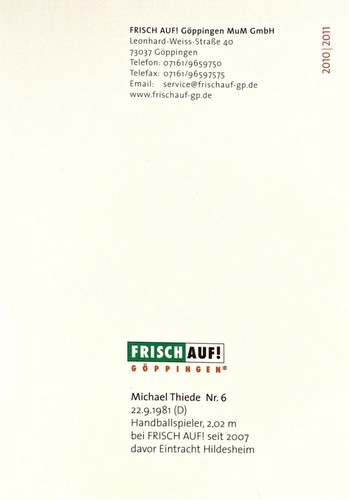 Orig. unterschriebene Autogrammkarte MICHAEL THIEDE Frisch Auf Göppingen 2010/11 - Bild 2 von 2