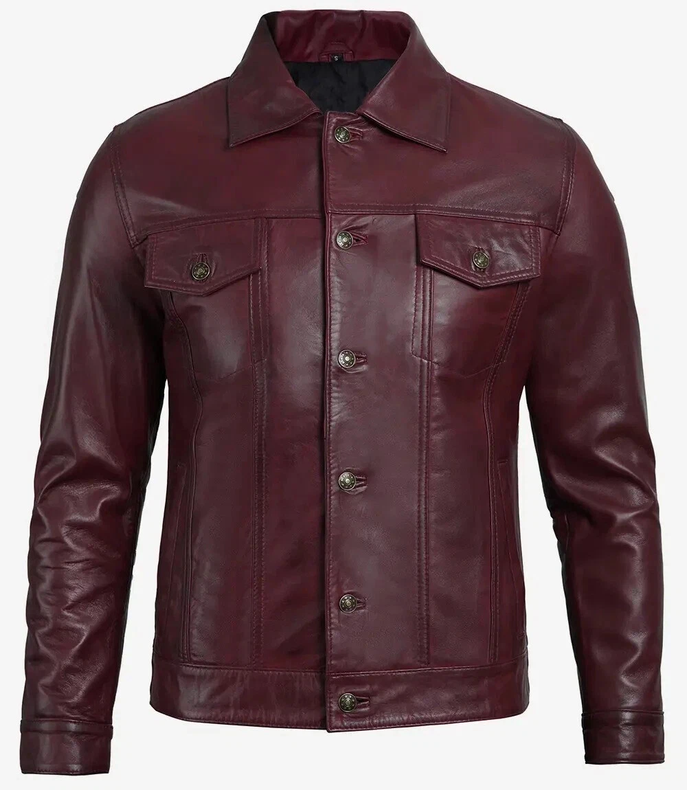 Men's Genuine Sheep Skin Maroon Trucker Jacket Soft Leather Denim Style Jacket