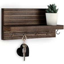 Decorative Key Holder for Wall with Shelf, Entryway Shelf with Hooks Brown