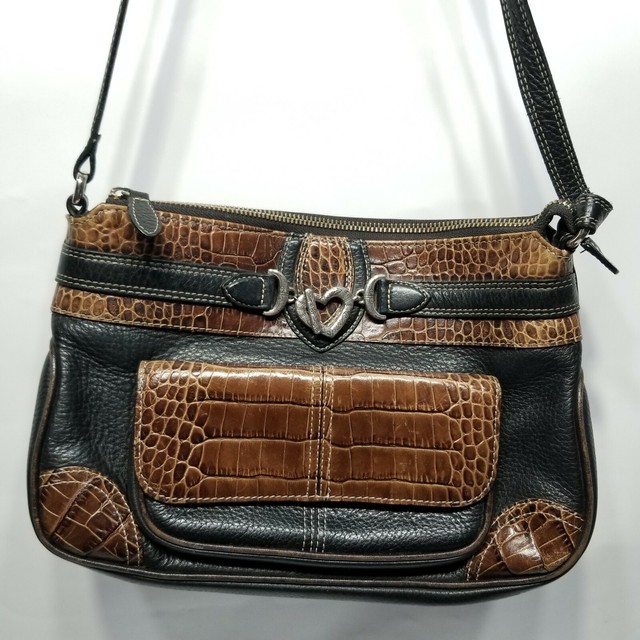P3 BRIGHTON Vintage Croc Embossed Leather Black Brown Handbag Purse eBay