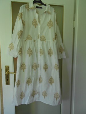 Hallhuber Kleid, weiß m. Naturbesticktem Muster, Gr. 40, 100% Baumwolle, NEU