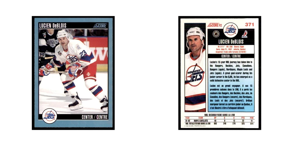1992 Score Canadian Lucien Deblois Winnipeg Jets #371 - Image 3 of 3