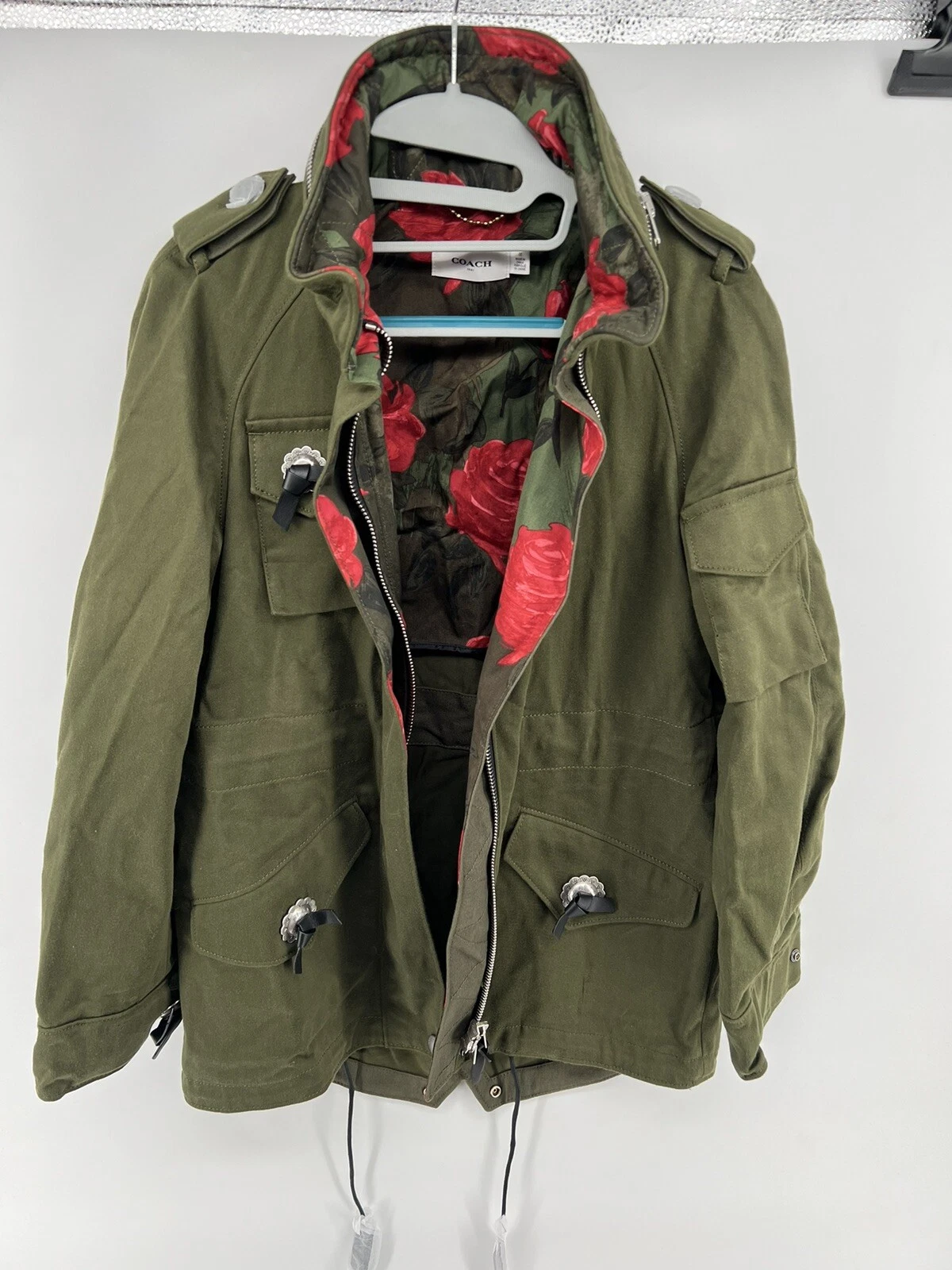 Cappotto Coach Felce Parka Militare Taglia 00 Donna Rosa Fodera Cappuccio Girovita