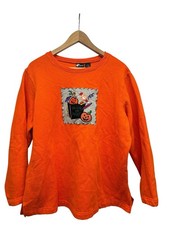 Vintage Halloween Embroidered Sweatshirt Orange Pumpkins 3D Crew Neck Size 1X