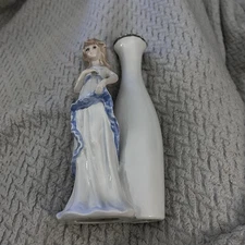 Vintage 7" Blonde Girl Blue Dress Ceramic Rose Bud Vase