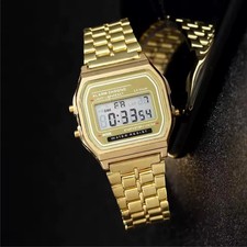 Water Proof Vintage Retro Digital Watch GOLD For Men  Women w/ Alarm Stop Watch