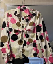 Milano Polka Dot Button-Up Bow Collared Long Sleeve Blouse Pink Black Brown S