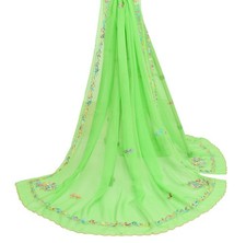 Sushila Vintage Green Georgette Silk Dupatta Hand Embraided Floral Long Stole