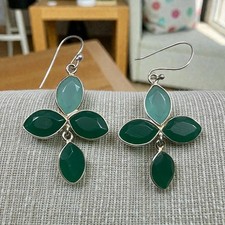 Green Onyx & Chalcedony Teardrop Earring 925 Silver Dangle Drop Women Earrings
