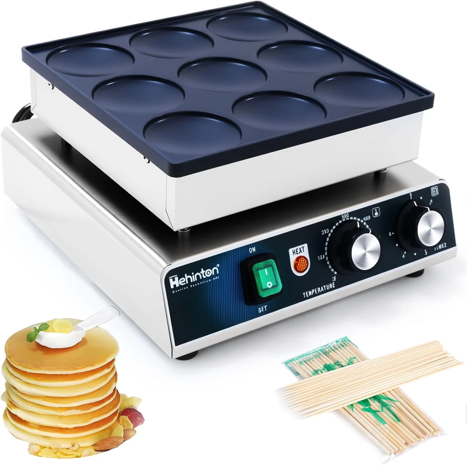 9-Hole Non-Stick Pancake Maker with Timer & Temp Control for Perfect Flapjacks