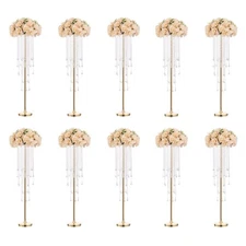 10 Pcs 39.4" Gold Flower Vase with Chandelier Crystal, Centerpiece Table Deco...