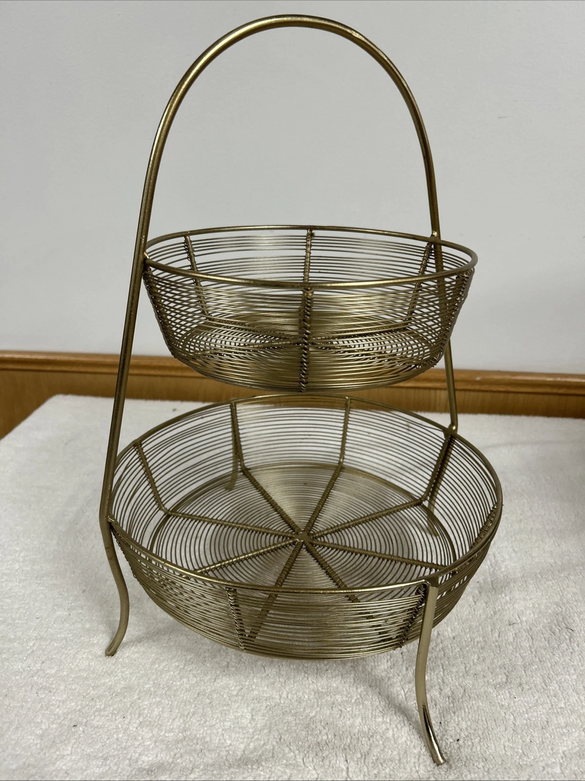 2Tier Gold Metal Wire Fruit Basket Stand w/ Handle Kitchen Counter Organizer 17”