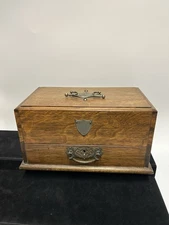 Antique Oak Travel Writing Box Brass Hardware w/ Auto-Opening Drawer “Haunted”