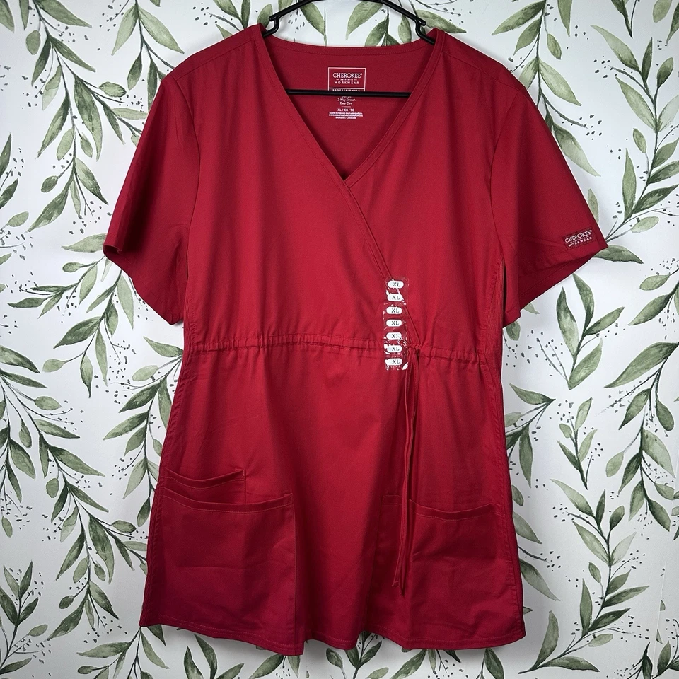 Cherokee Professionals Maternity Mock Wrap Scrub Top. Red. XL. NWT - Image 2 of 4