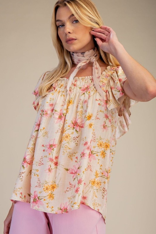New Easel Women's Floral Ruffle Sleeve Relaxed Fit Top Blouse Linen Blend Small