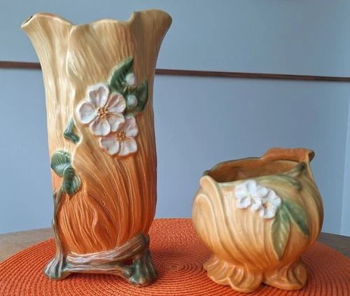 Gorgeous Pair of Weller Pottery Roba Vase 9.5"H & Bowl 5"H White Flowers