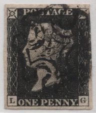 UK G.B. 1840 S.G. #1 SCOTT #1 PENNY BLACK 4 MARGINS WITH BLACK MALTESE CROSS